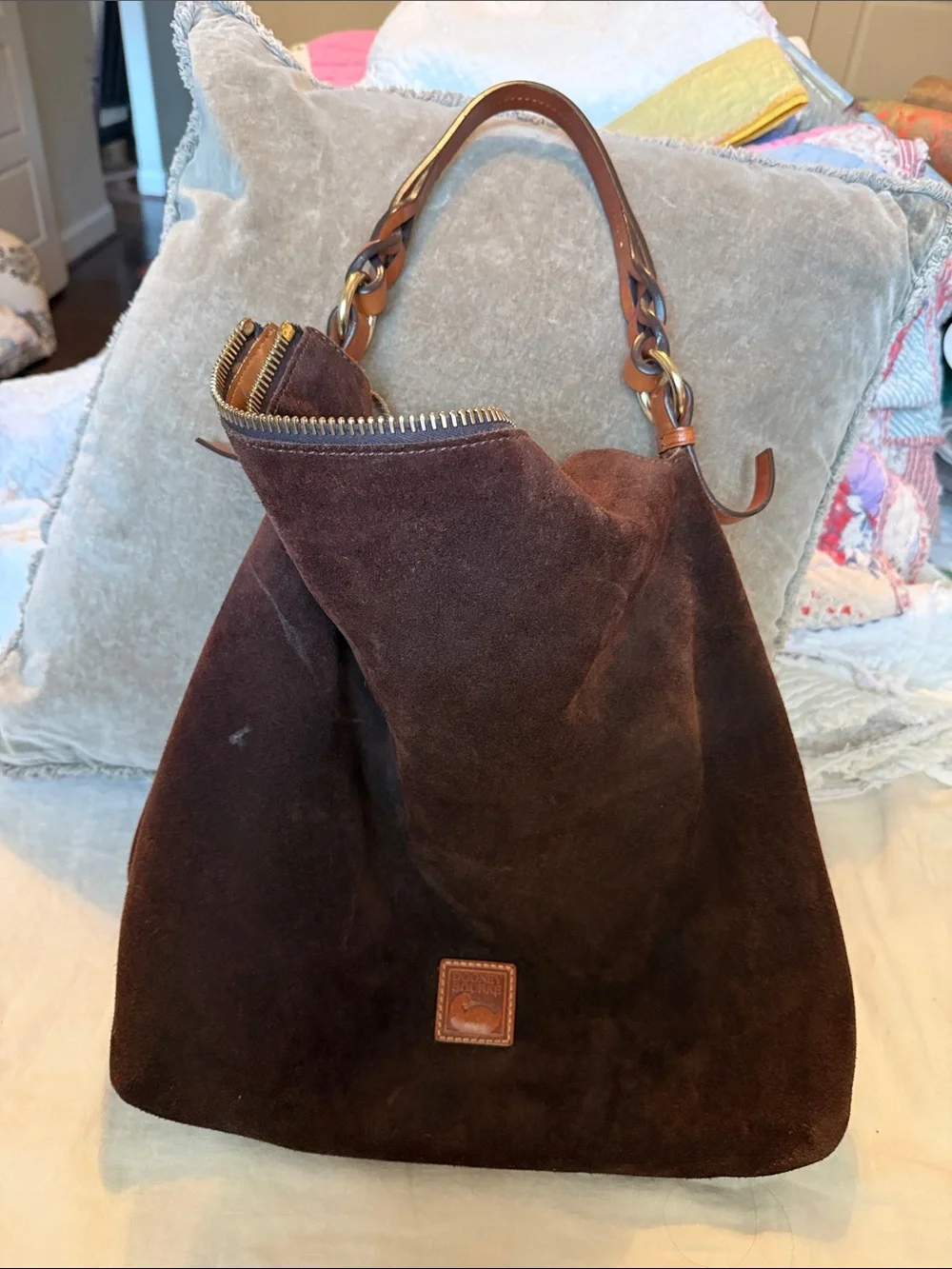Dooney & Bourke Dark Brown Suede Hobo with Leather Trim